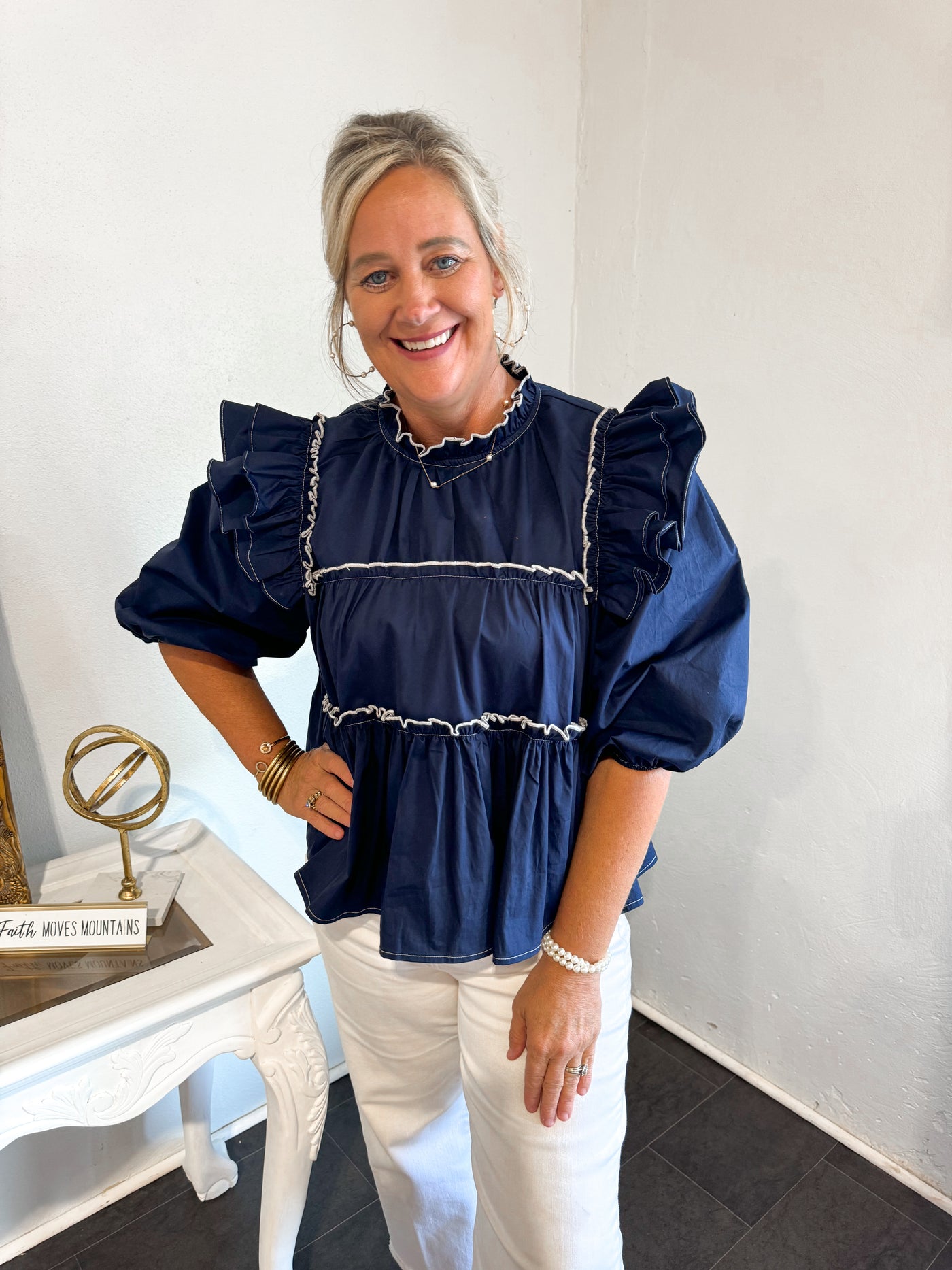 Look At You Navy Ruffled Blouse