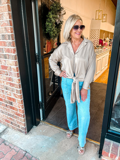 Looking Good Front Knot Satin Top-Champagne
