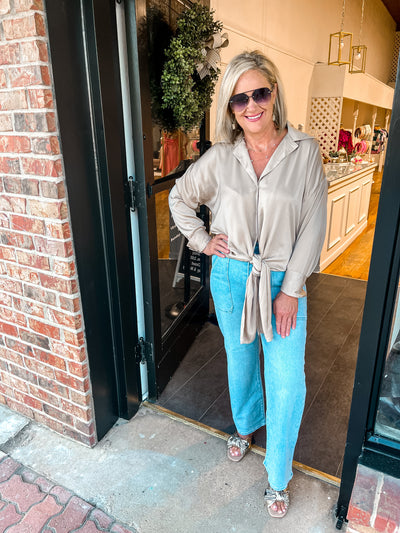 Looking Good Front Knot Satin Top-Champagne