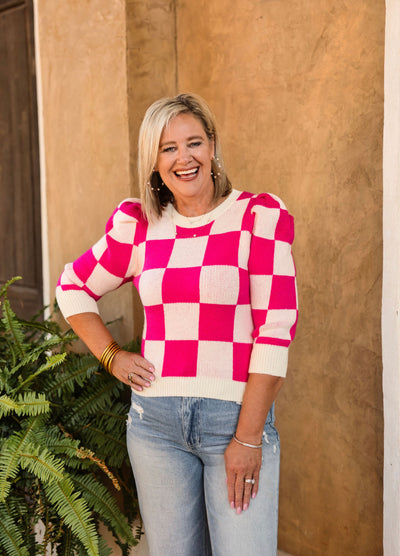 Checkered Short Sleeve Sweater-Pink
