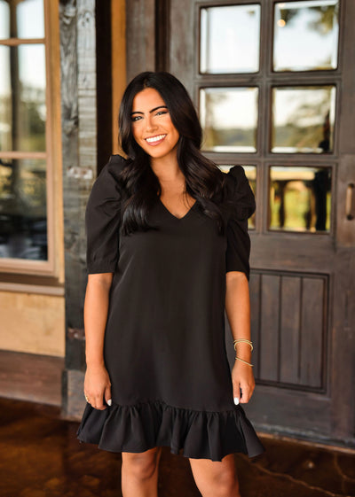 Black Bold Sleeve Ruffle Dress