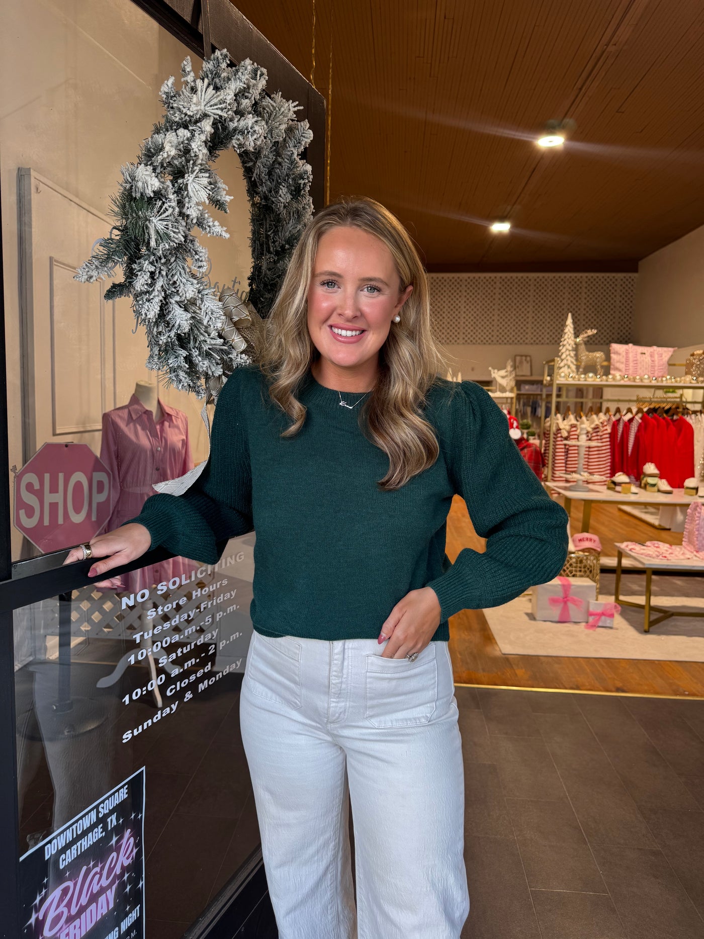 Green Ribbed Puff Sweater