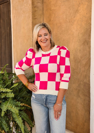 Checkered Short Sleeve Sweater-Pink