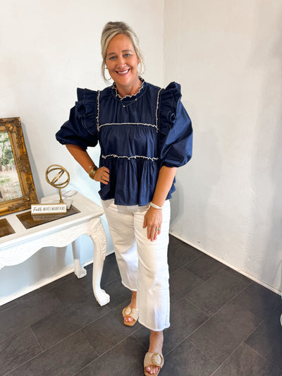 Look At You Navy Ruffled Blouse