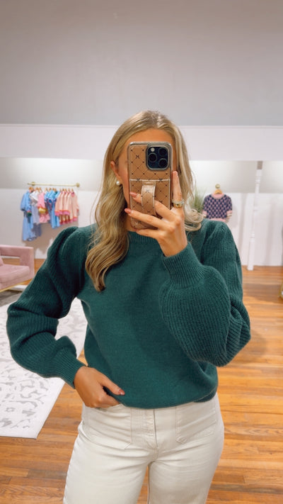 Green Ribbed Puff Sweater