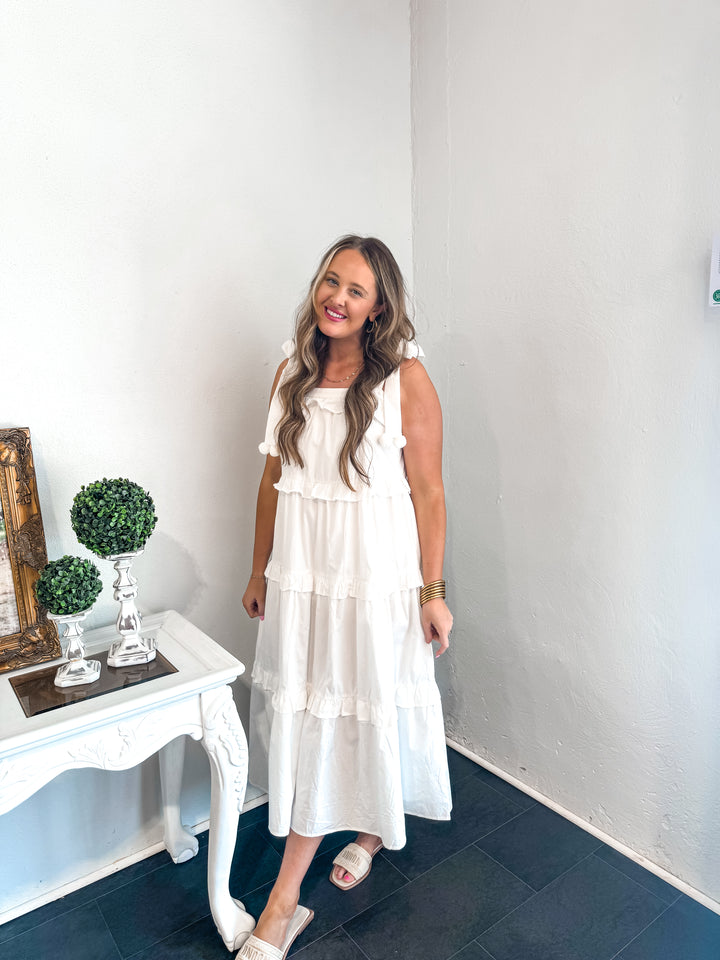 tiered midi dress white Elegant White Tiered Midi Dress – Fidèle by K Hill