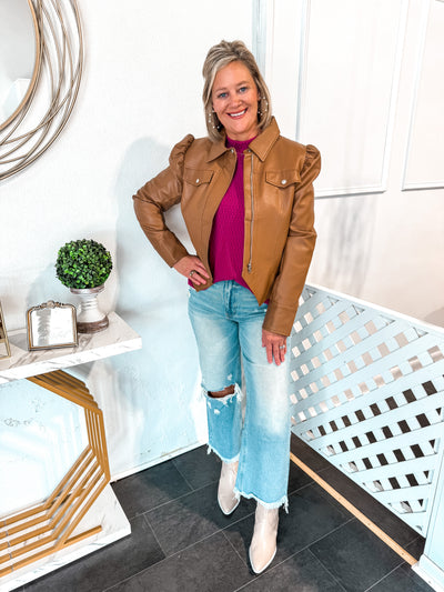 Caramel Puff Sleeve Leather Jacket