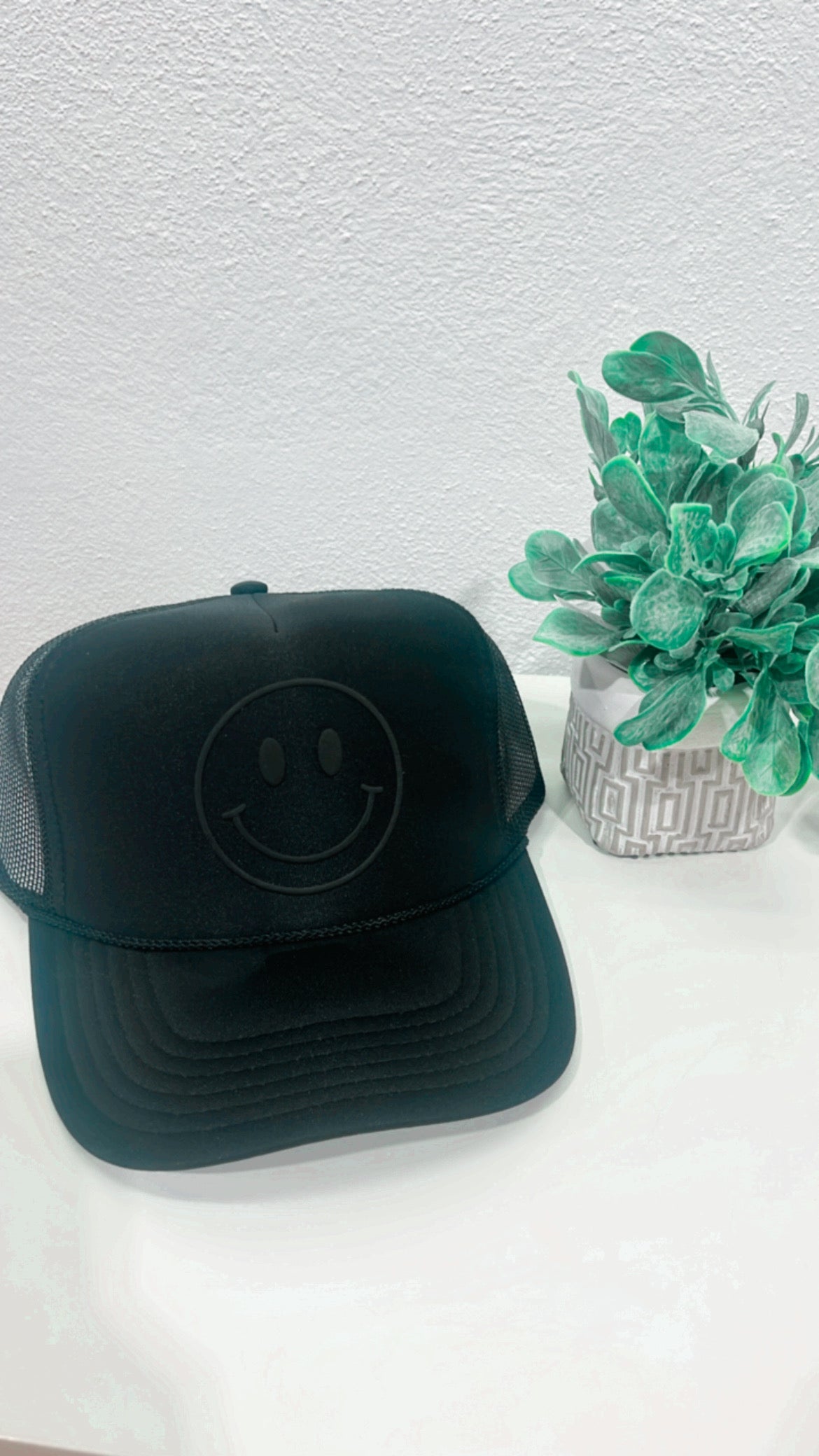 Happy Face Trucker Hat-Black