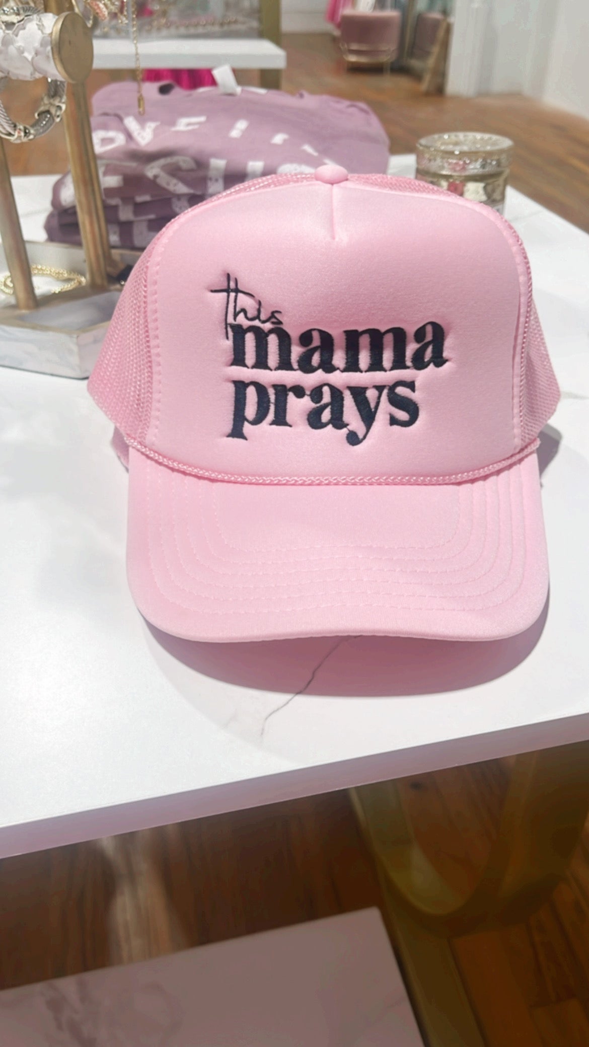 This Mama Prays Trucker Hat-Light Pink