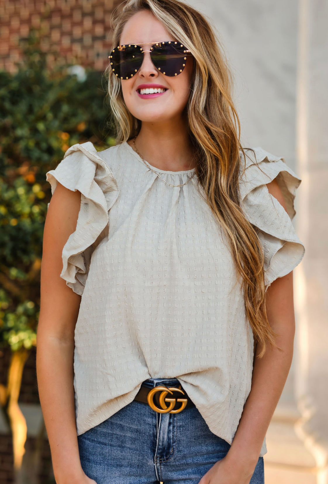 Taupe Ruffle Sleeve Blouse