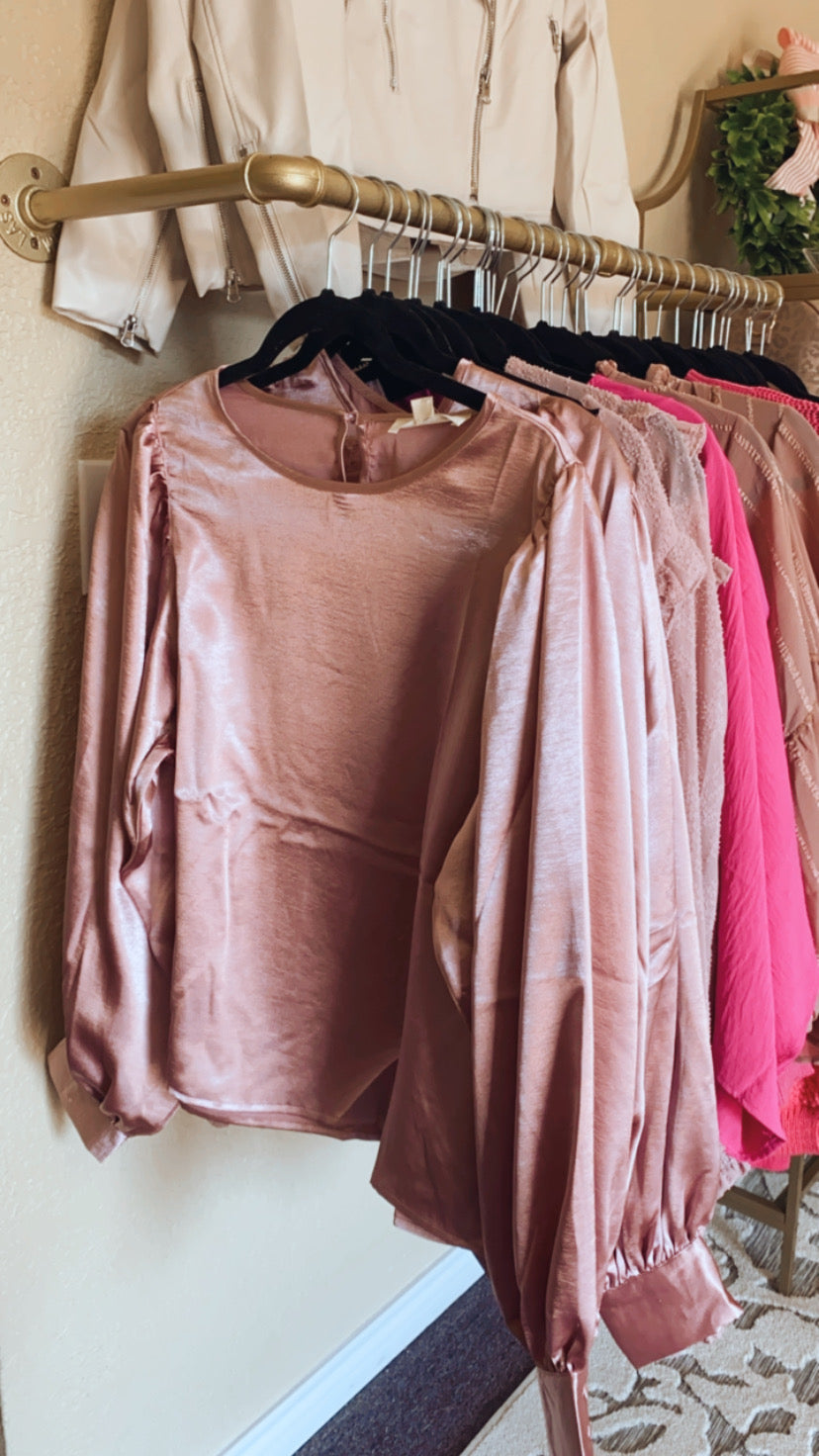 Rose Balloon Sleeve Satin Blouse