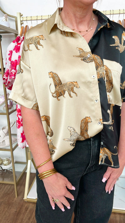 Cheetah Satin Buttondown Blouse