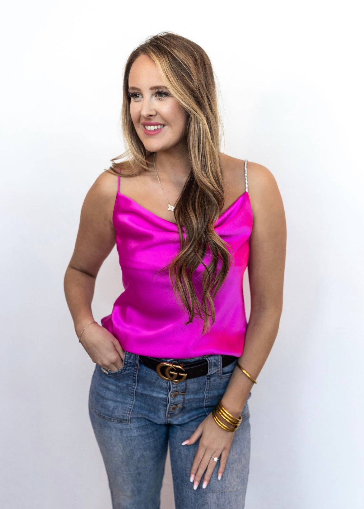 Pink Rhinestone Satin Tank
