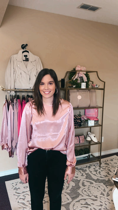 Rose Balloon Sleeve Satin Blouse