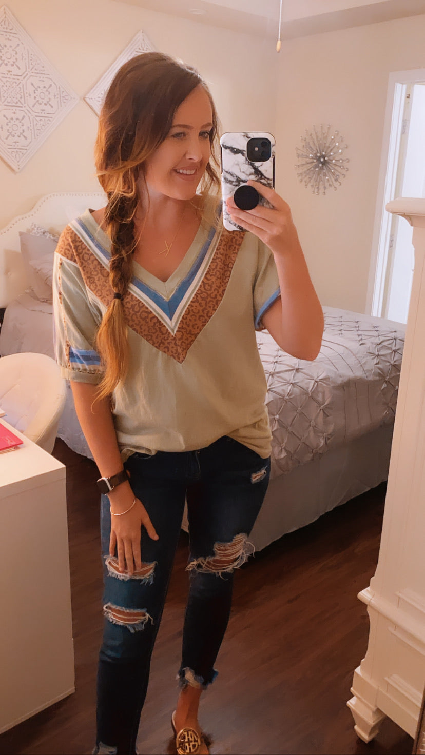 Olive With Cheetah Trim Top