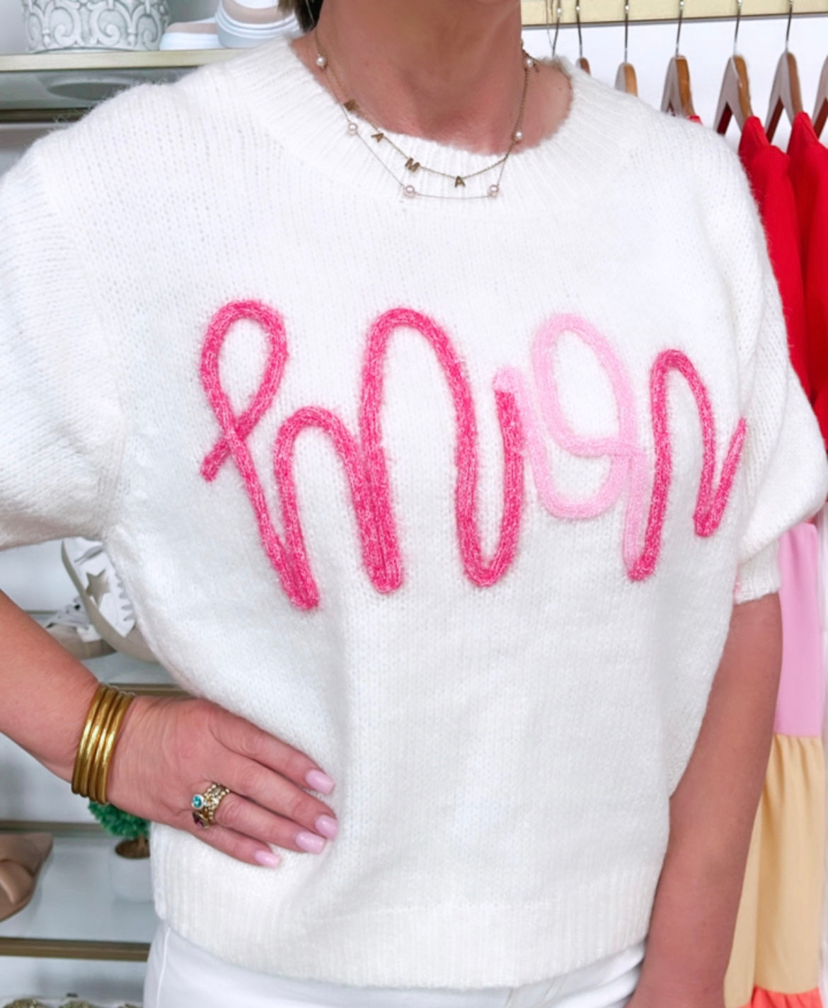 Mom Handstitched Short Sleeve Sweater