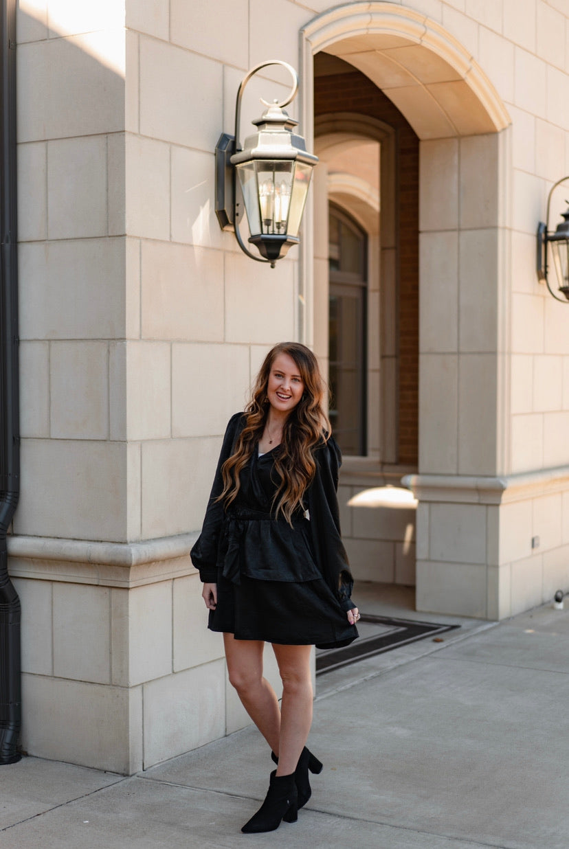 Black Satin Tiered Dress