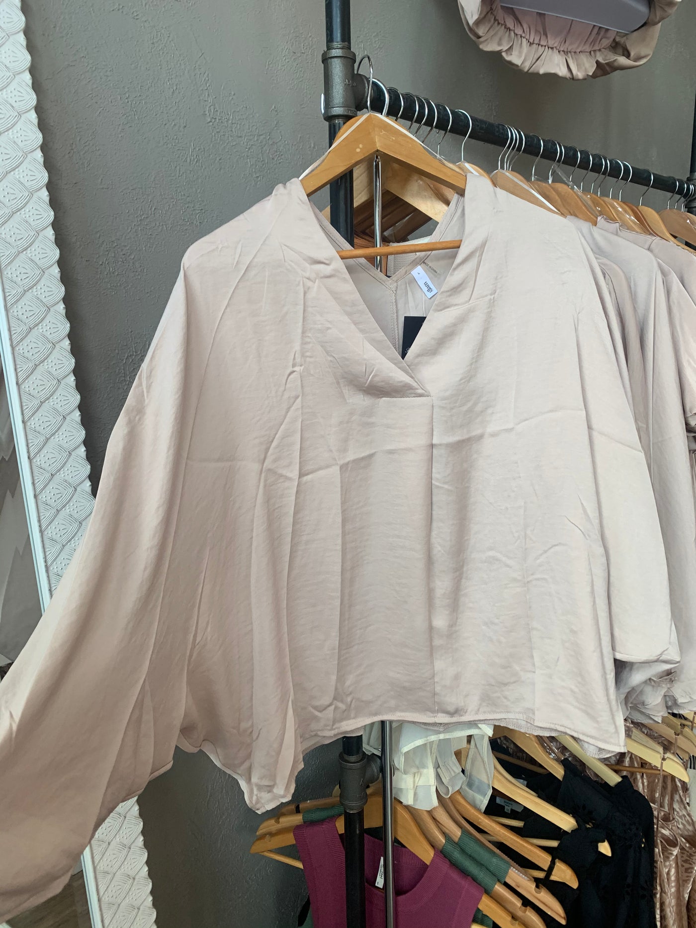 Beige Satin V-Neck Blouse